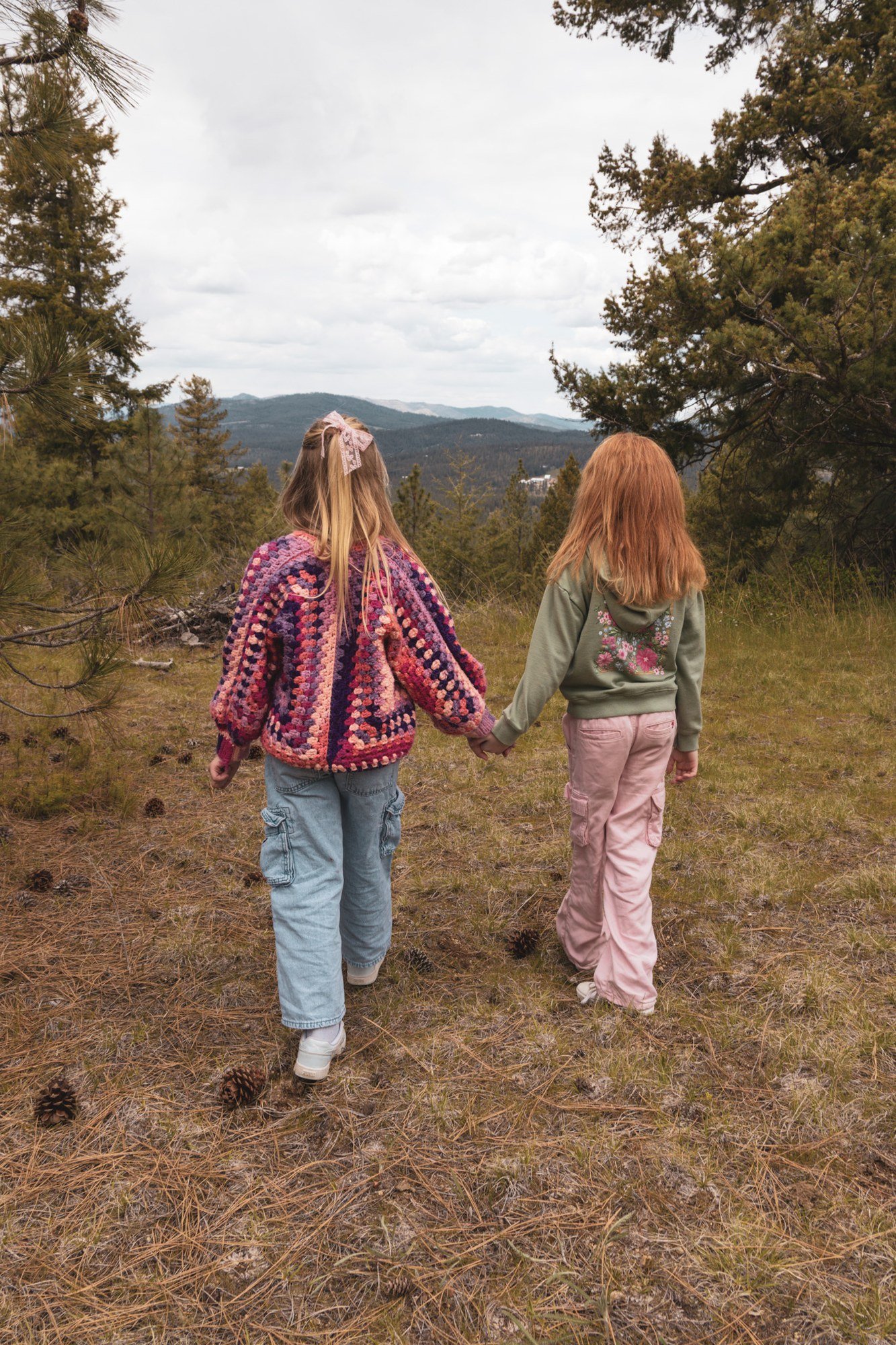 Two children holding hands while walking toward a mountain view