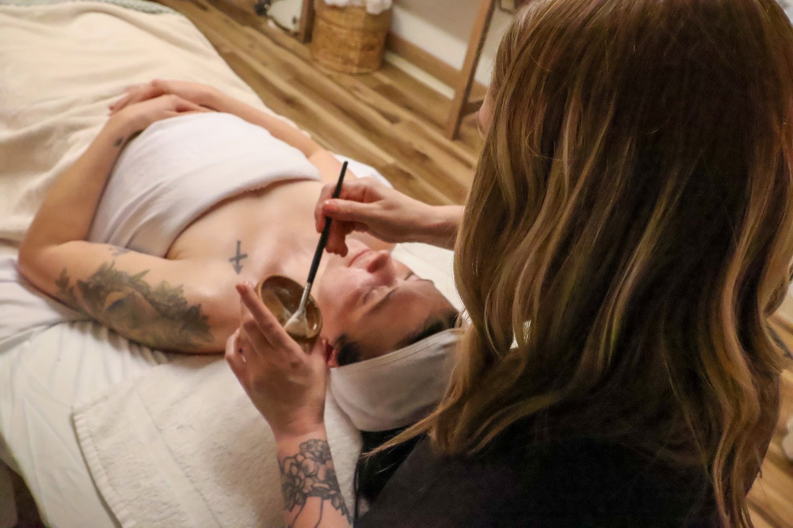 Overhead view of a facial mask being applied